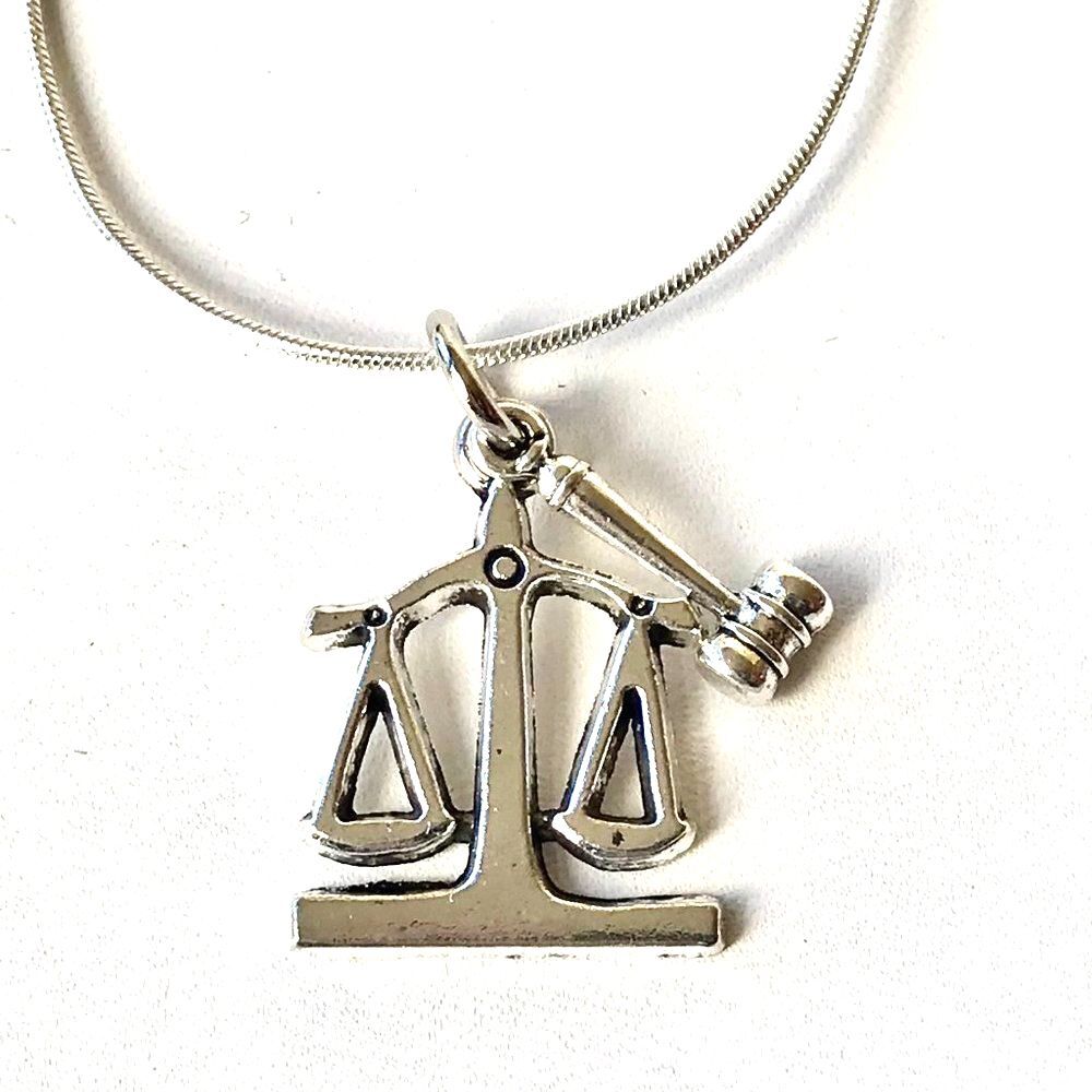 Law Necklace Gavel Scales Lawyer Attorney 18" Graduation Gift Silver Plated